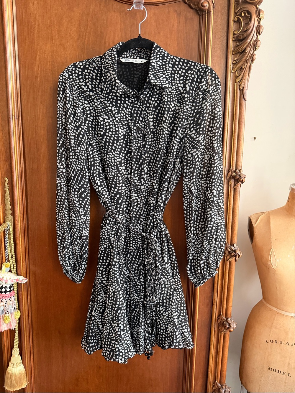 Zara Black Shirt Dress with White Polka Dot Print with Belted Beaded Braided Tie